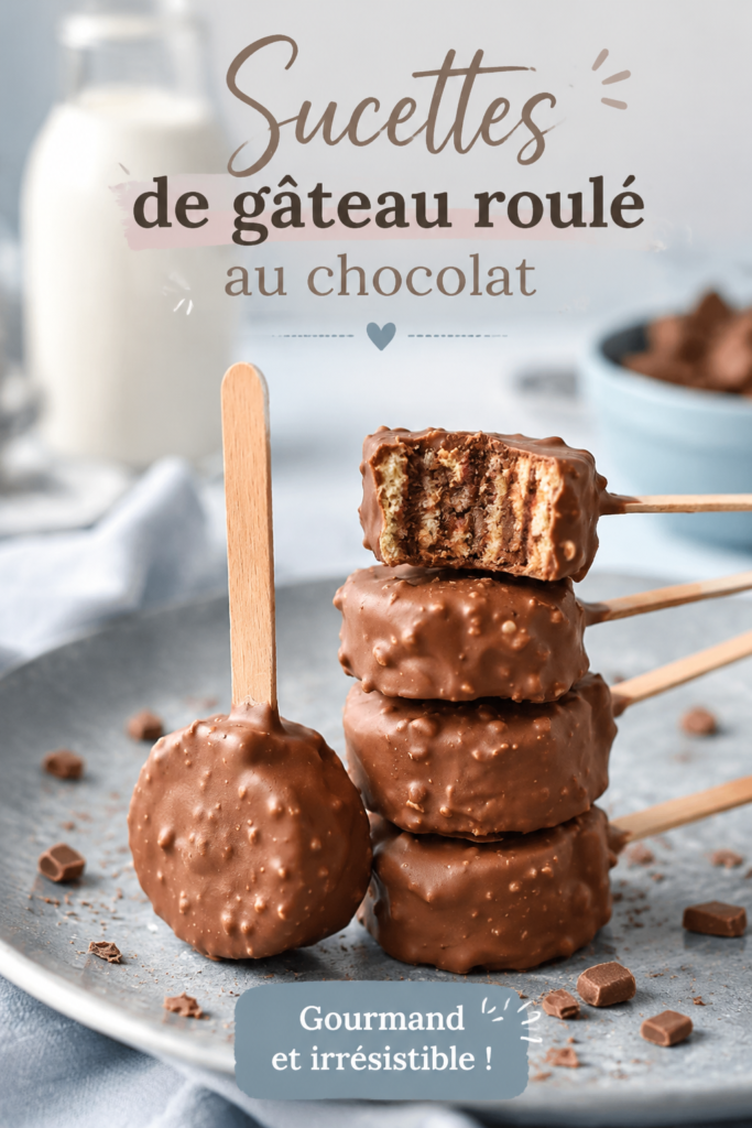 Sucettes de gâteau roulé au chocolat présentées sur une table colorée, prêtes à être dégustées.