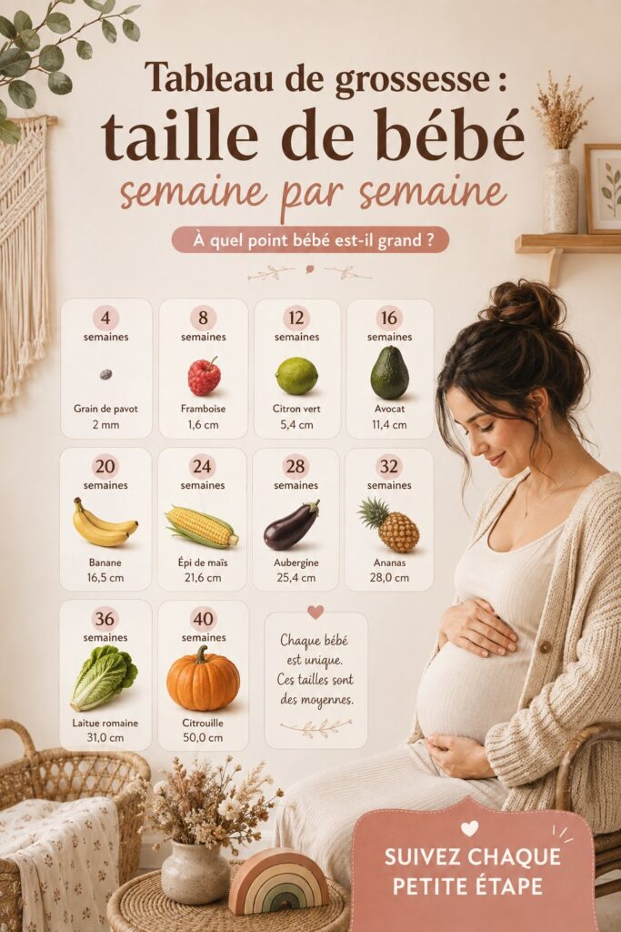 Tableau de développement de la taille du bébé par semaine de grossesse, illustrant les différentes étapes.