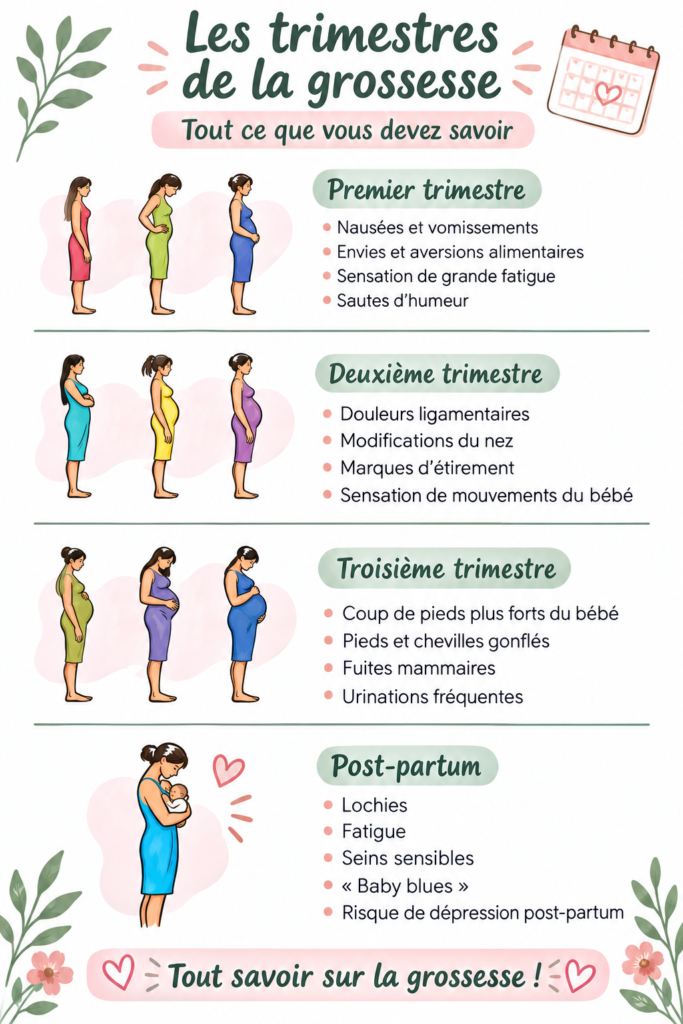 Image représentant les étapes clés des trimestres de grossesse, illustrant le développement du bébé.