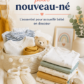 Photo d'un trousseau pour nouveau-né, comprenant des vêtements, des accessoires et des produits de soins.