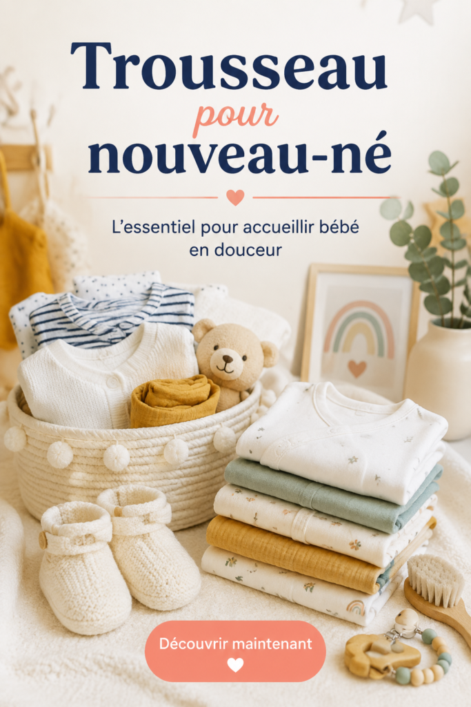 Photo d'un trousseau pour nouveau-né, comprenant des vêtements, des accessoires et des produits de soins.