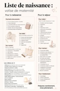 Valise de maternité ouverte avec des vêtements pour bébé et affaires personnelles.