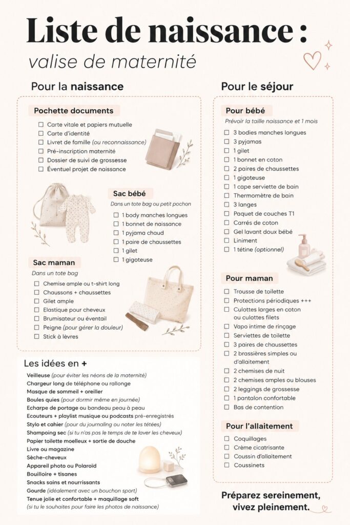 Valise de maternité ouverte avec des vêtements pour bébé et affaires personnelles.