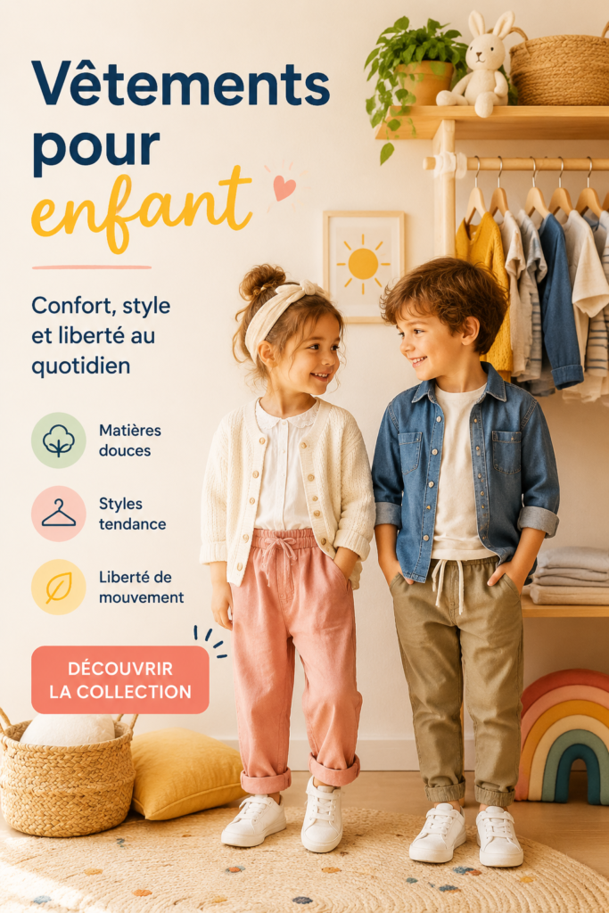 Une sélection de vêtements colorés pour enfants sur des cintres, illustrant la mode enfantine.