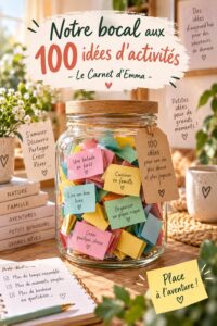 Bocal rempli de papiers colorés avec 100 idées d'activités pour enfants.