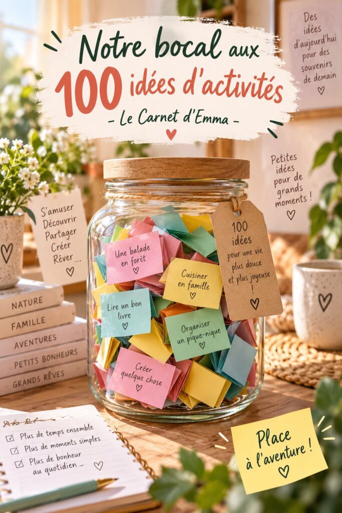 Bocal rempli de papiers colorés avec 100 idées d'activités pour enfants.
