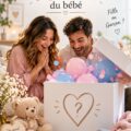 Couple heureux annonçant le sexe de leur bébé avec des ballons roses et bleus.