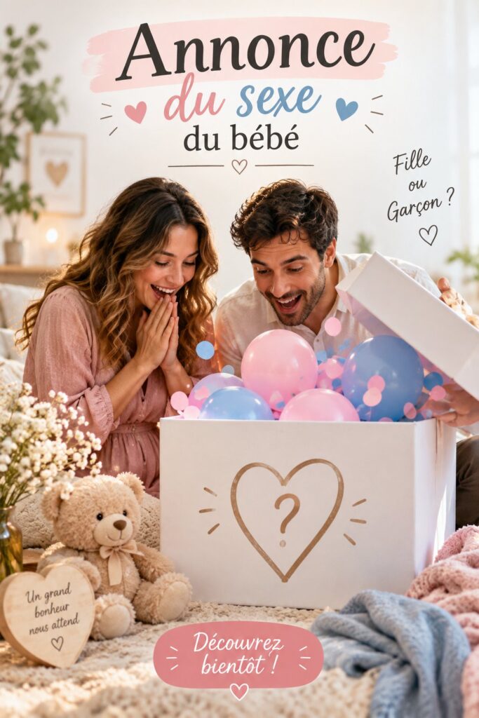 Couple heureux annonçant le sexe de leur bébé avec des ballons roses et bleus.