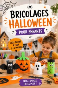 Un enfant souriant réalisant un bricolage d'Halloween avec des matériaux colorés.