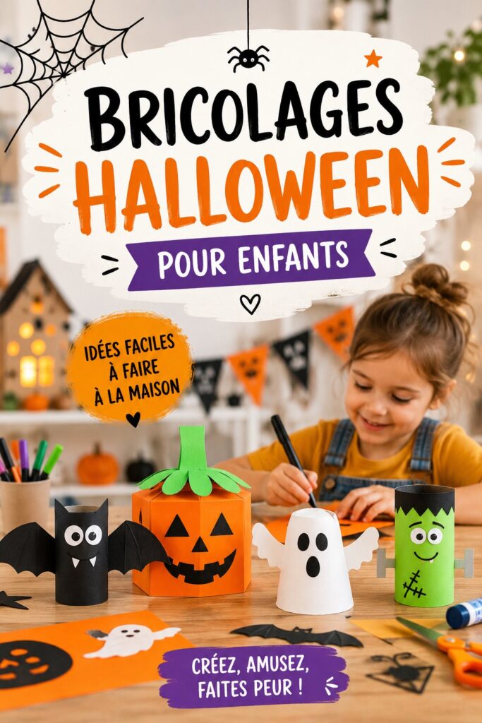 Un enfant souriant réalisant un bricolage d'Halloween avec des matériaux colorés.