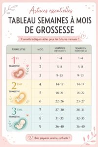 Calendrier de grossesse illustrant les conseils et étapes à suivre