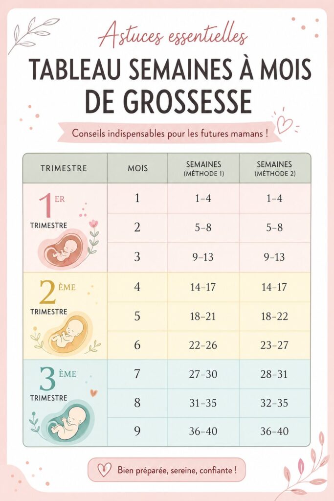 Calendrier de grossesse illustrant les conseils et étapes à suivre