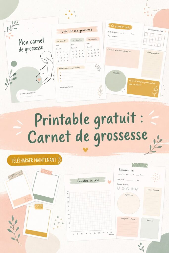 Carnet de grossesse imprimable avec des pages organisées et colorées.