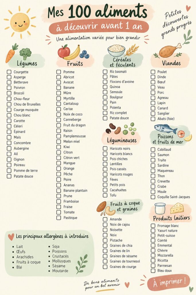 Checklist personnalisée des aliments à tester pour la première année de bébé.