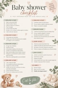 Checklist pour organiser une baby shower réussie avec des éléments décoratifs colorés.