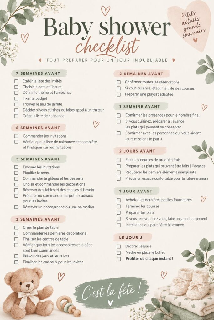 Checklist pour organiser une baby shower réussie avec des éléments décoratifs colorés.