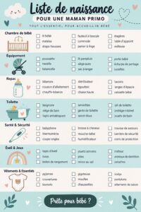Liste de vérification pour premières mamans avec des éléments essentiels pour préparer l'arrivée de bébé.