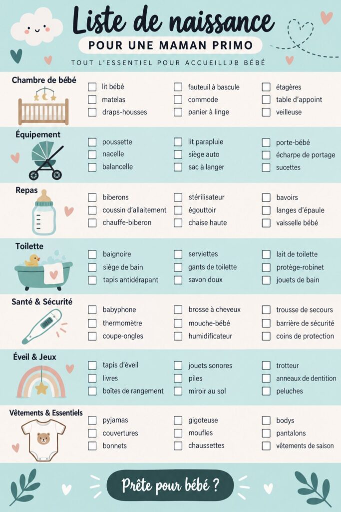 Liste de vérification pour premières mamans avec des éléments essentiels pour préparer l'arrivée de bébé.