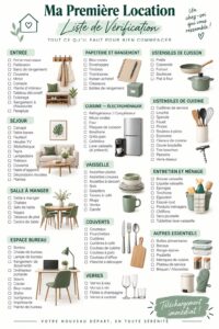 Une checklist d'essentiels pour un premier appartement, affichée sur un bureau avec un décor accueillant.
