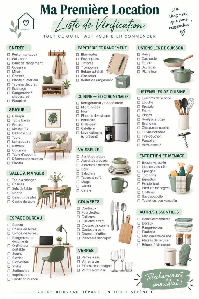 Une checklist d'essentiels pour un premier appartement, affichée sur un bureau avec un décor accueillant.