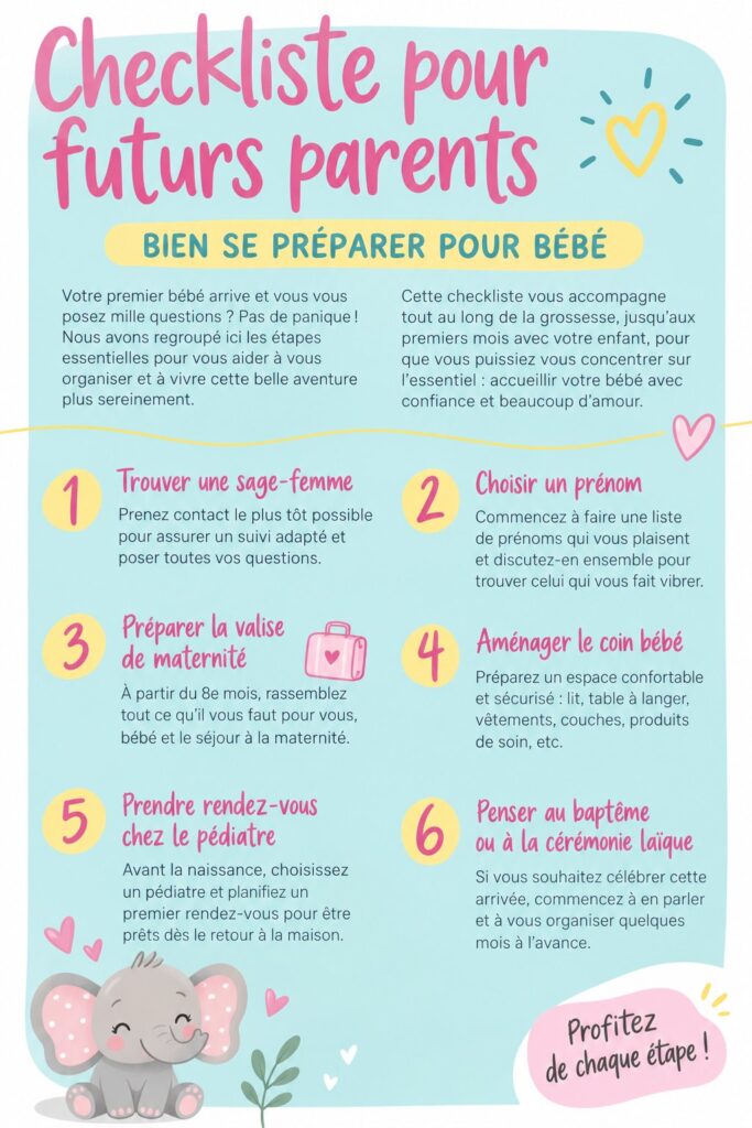 Checklist pour futurs parents avec des éléments essentiels à préparer avant l'arrivée de bébé