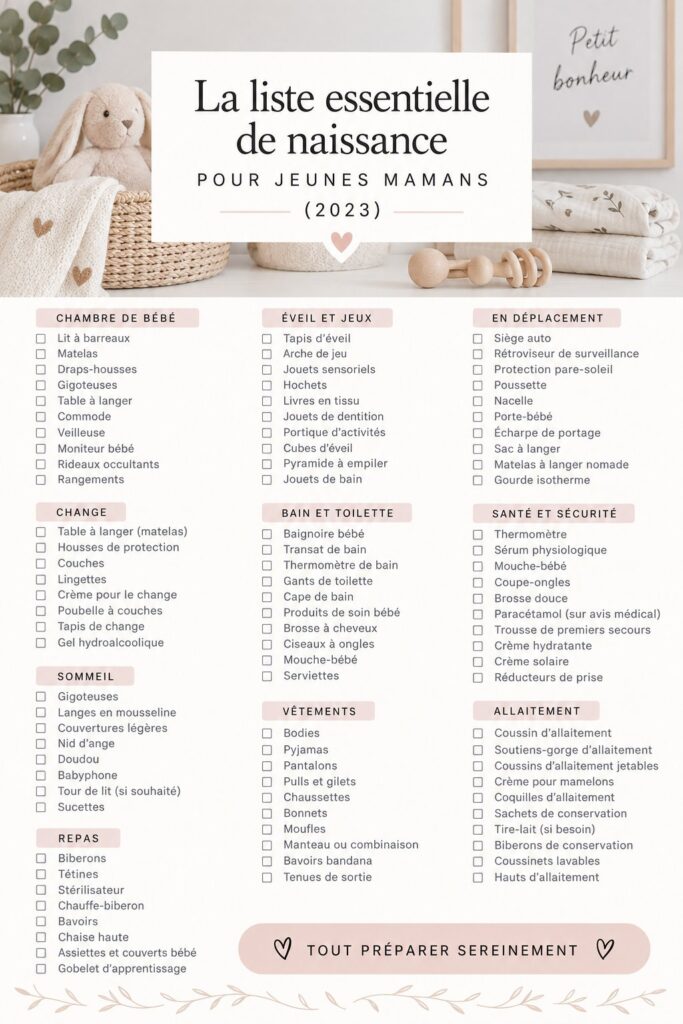 Checklist de maternité avec des articles essentiels pour les futures mamans.