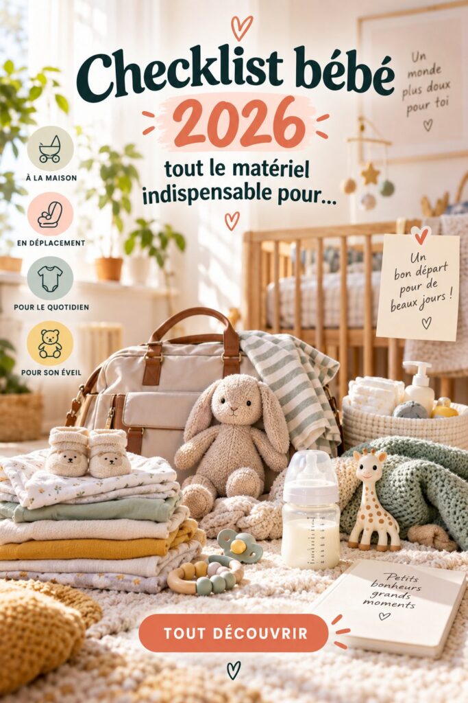Checklist 2026 avec les indispensables pour les bébés, incluant divers articles de puériculture.
