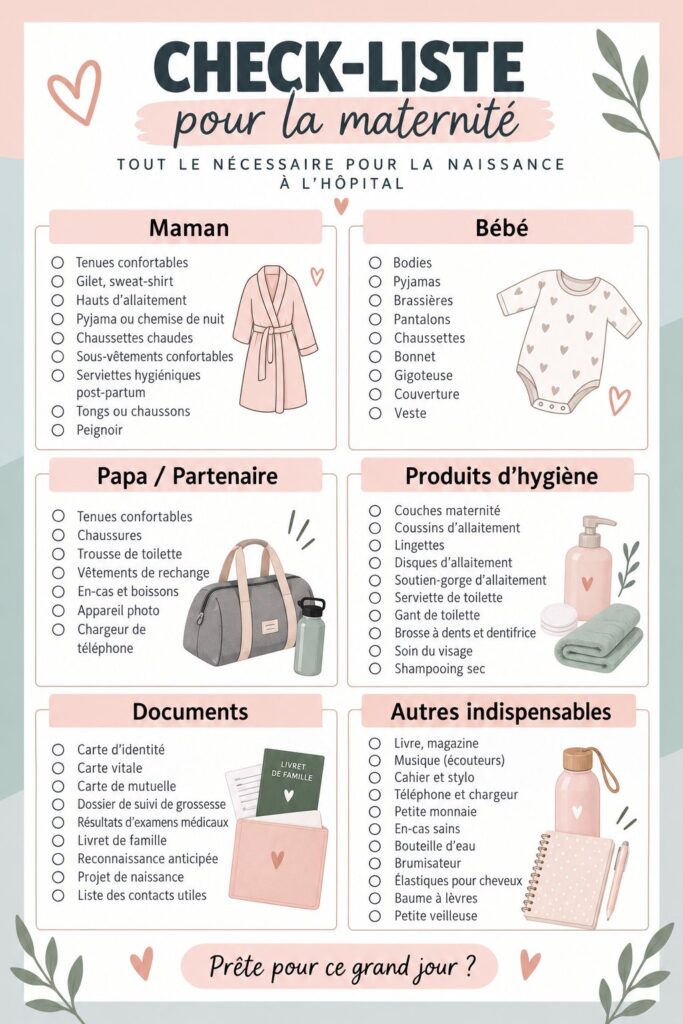 Femme enceinte préparant sa checklist pour la naissance à l'hôpital.