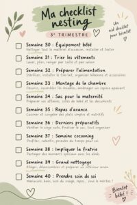 Checklist de nesting pour le 3ème trimestre de grossesse avec une maman heureuse et organisée.