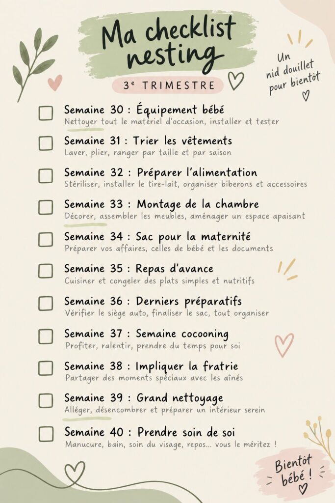 Checklist de nesting pour le 3ème trimestre de grossesse avec une maman heureuse et organisée.