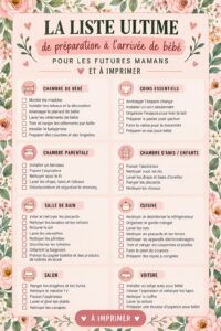 Checklist de préparation pour l'arrivée d'un bébé, avec des éléments à rassembler dans un joli environnement