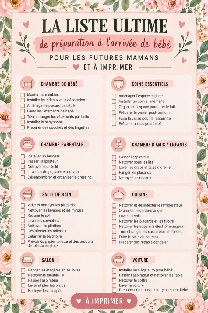Checklist de préparation pour l'arrivée d'un bébé, avec des éléments à rassembler dans un joli environnement