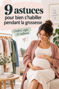 Femme enceinte habillée de manière élégante avec des vêtements confortables adaptés à la grossesse.