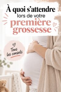 Femme enceinte durant sa première grossesse, avec un ventre arrondi et un sourire radieux.