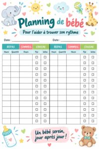 Tableau d'emploi du temps illustré pour aider les bébés à établir une routine apaisante.