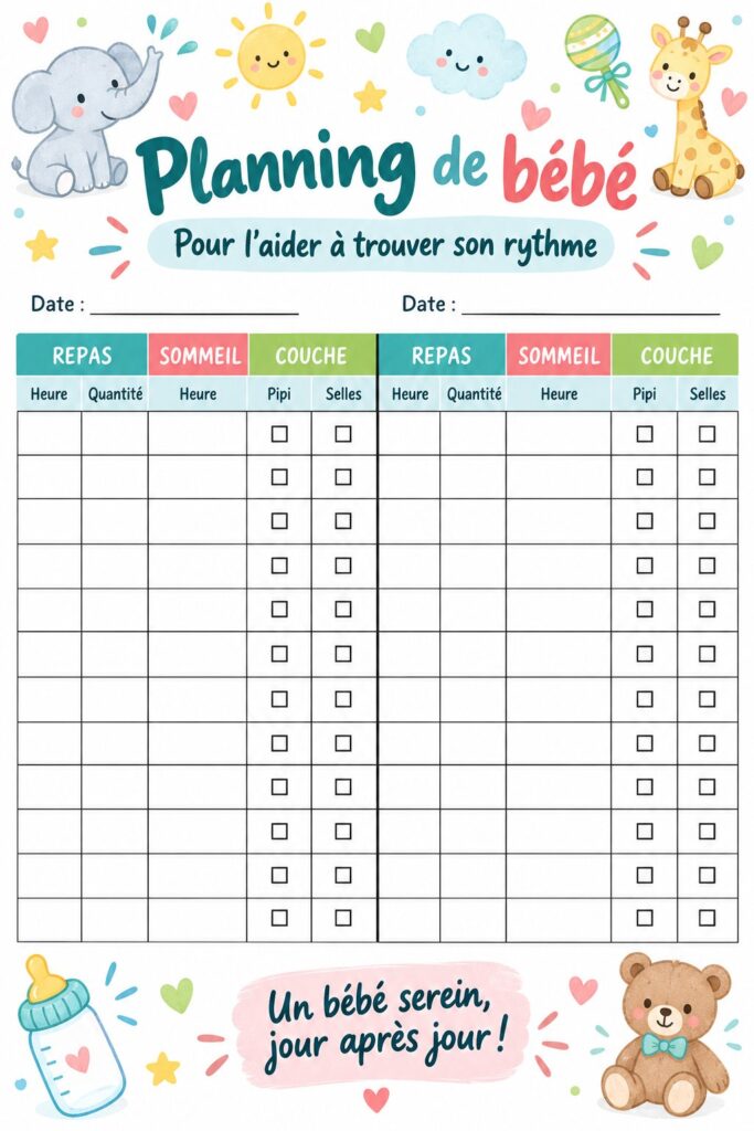 Tableau d'emploi du temps illustré pour aider les bébés à établir une routine apaisante.