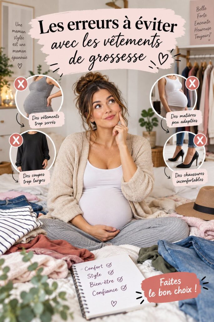 Femme enceinte essayant des vêtements de grossesse dans une boutique, mettant l'accent sur le confort et le style.