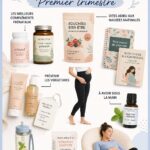 Femme enceinte heureuse tenant un carnet de grossesse avec des produits essentiels