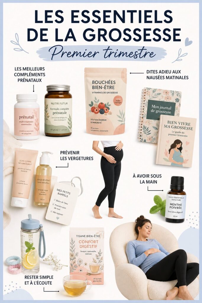 Femme enceinte heureuse tenant un carnet de grossesse avec des produits essentiels