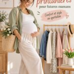 Tenue printanière décontractée pour femme enceinte, t-shirt fluide et jeans.