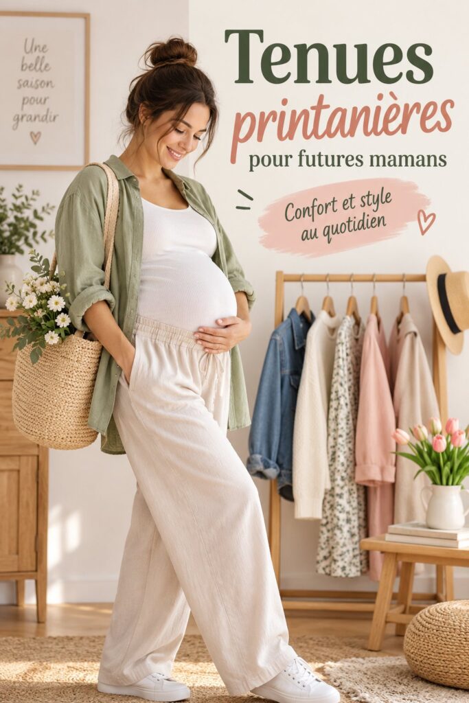 Tenue printanière décontractée pour femme enceinte, t-shirt fluide et jeans.