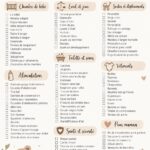Une maman consulte une checklist d'essentiels pour son nouveau-né avec des articles disposés autour d'elle.