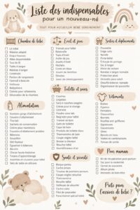 Une maman consulte une checklist d'essentiels pour son nouveau-né avec des articles disposés autour d'elle.