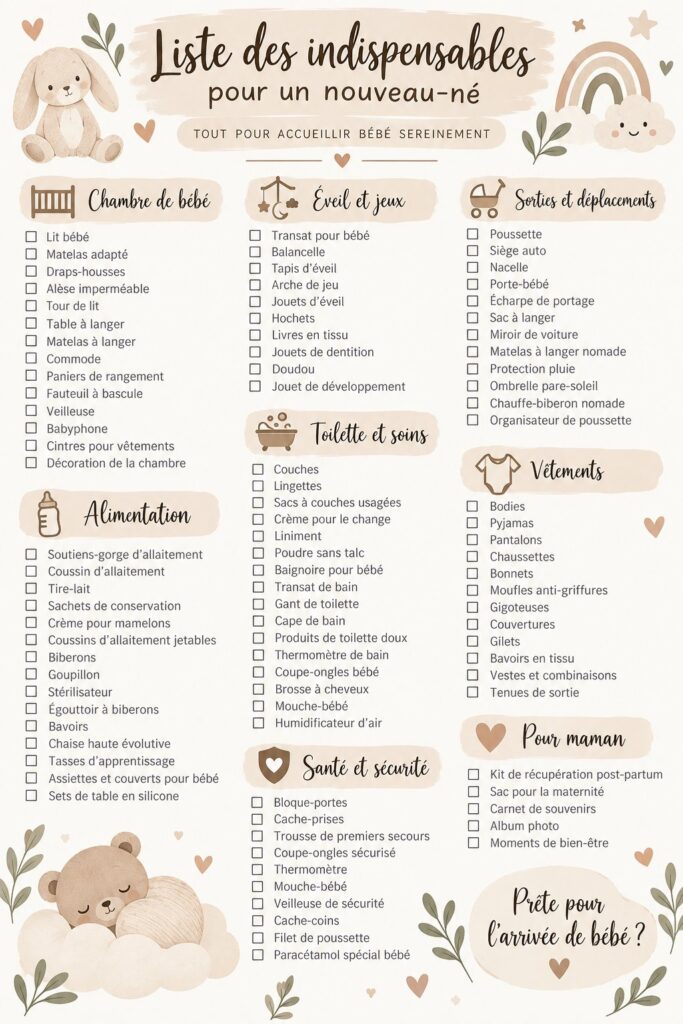 Une maman consulte une checklist d'essentiels pour son nouveau-né avec des articles disposés autour d'elle.