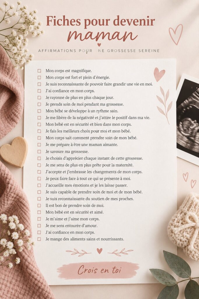 Fiches de soutien pour futures mamans étalées sur une table avec des crayons