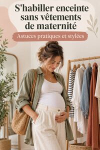 Femme enceinte vêtue élégamment sans vêtements de maternité, alliant confort et style.