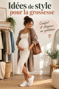 Femme enceinte portant une belle tenue de maternité, montrant comment allier style et confort.