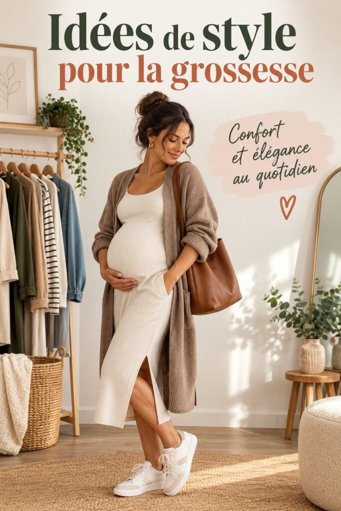 Femme enceinte portant une belle tenue de maternité, montrant comment allier style et confort.