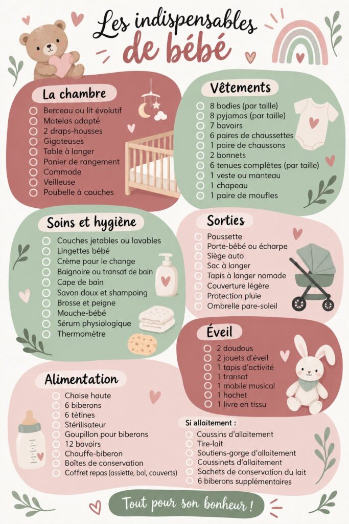 Checklist des indispensables pour le bébé avec des conseils et des éléments clés pour les nouveaux parents.