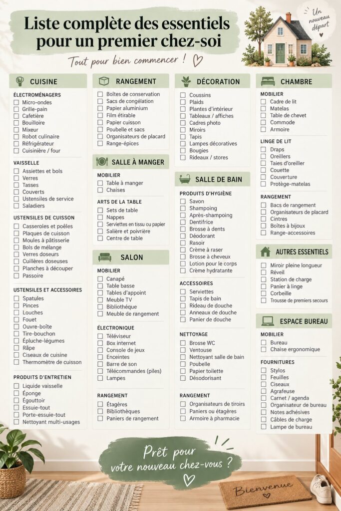 Liste d'essentiels pour un premier logement avec des meubles et équipements de cuisine.